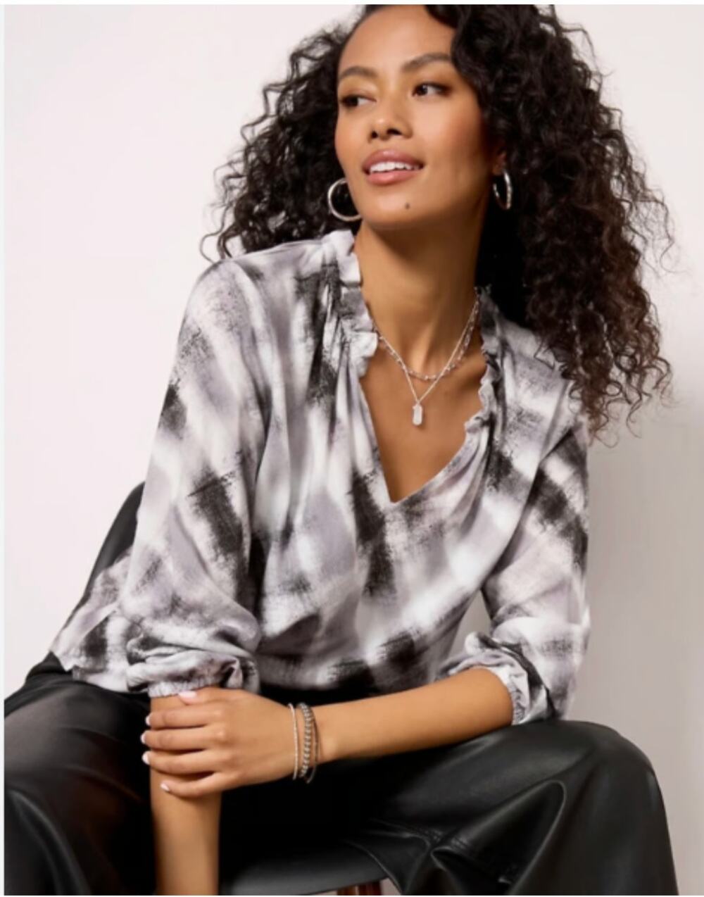 Cloth & Stone Anthropologie Gray Black Metallic Plaid Popover Blouse Large